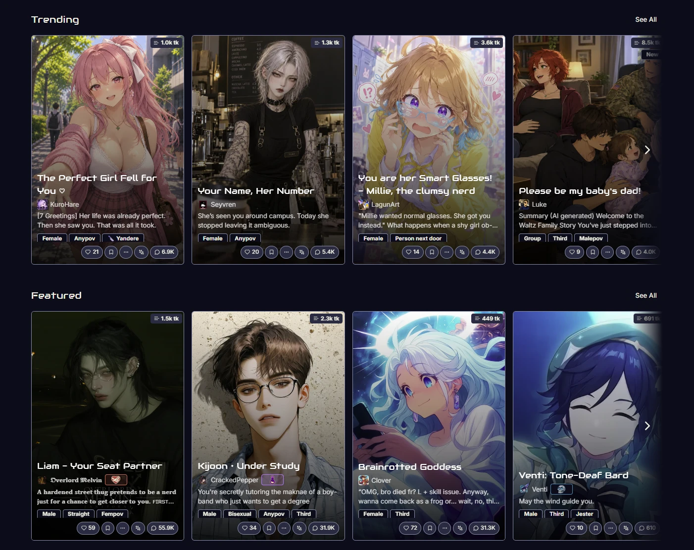 WyvernChat trending and featured characters